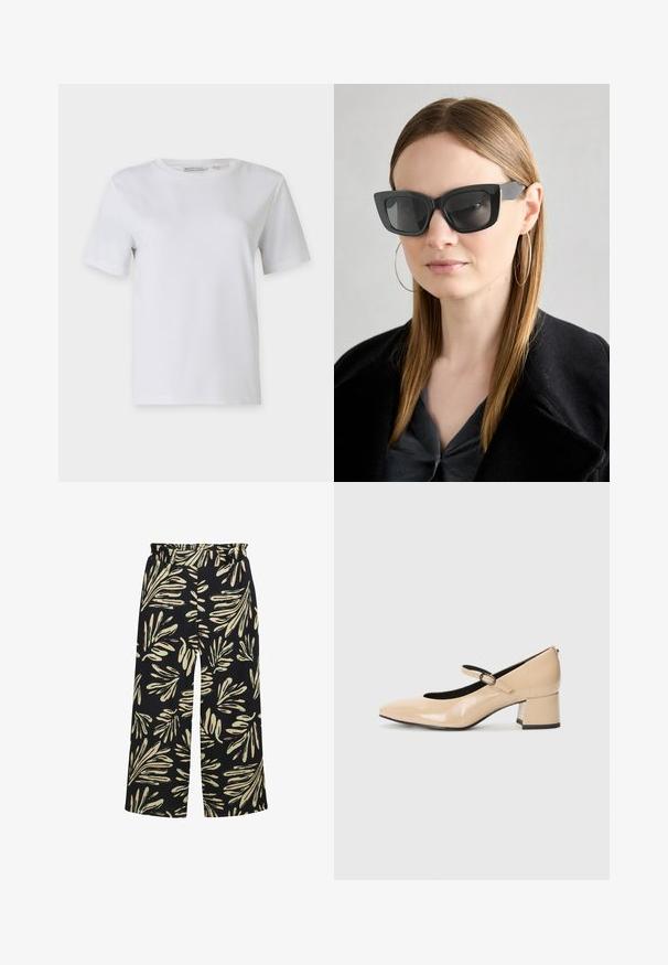 T-shirt bianco a maniche corte realizzato in cotone morbido. Presenta un collo rotondo e orlo dritto, senza fantasie né decorazioni.; Pantaloni larghi con elastico in vita, caratterizzati da uno sfondo nero e una fantasia a foglie crema e verde menta. Tessuto testurizzato.; Scarpe Mary Jane in pelle verniciata beige con punta finta, cinturino con fibbia e tacco a blocco di altezza media. Texture liscia con finitura lucida.; Occhiali da sole a forma di occhio di gatto neri con lenti scure, montatura spessa e dettagli sottili. Indossati con un cappotto nero e una maglia grigia, con capelli lunghi e lisci.