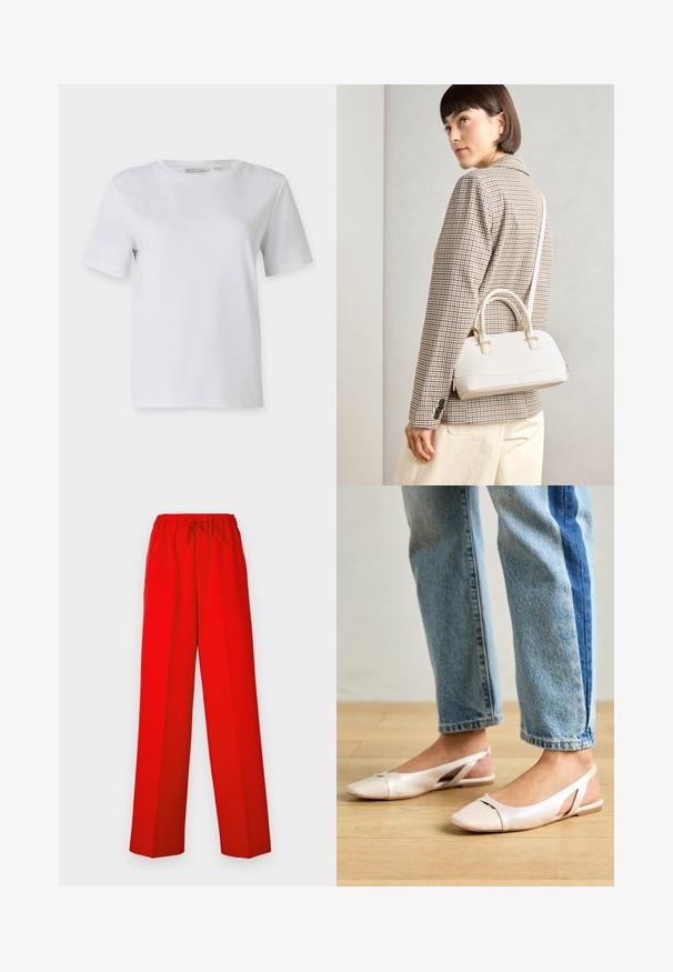 Fehér, rövid ujjú póló sima pamutból. Kerek nyakkivágással és egyenes aljú kialakítással rendelkezik, minták vagy díszítések nélkül.; Piros, bő szárú nadrág sima anyagból. Rugalmas derékrésszel és állítható zsinór részlettel rendelkezik a kényelmes illeszkedés érdekében.; Világos rózsaszín slingback laposlábú cipők, hegyes orral, sima bőrhatású anyagból készült. Oldalt kivágott részletek találhatók rajta, valamint lapos sarkú.; Fehér, strukturált kézitáska rövid füllel és vállpánttal, arany színű fém kiegészítőkkel és texturált anyagból, szürke háttér előtt bemutatva.