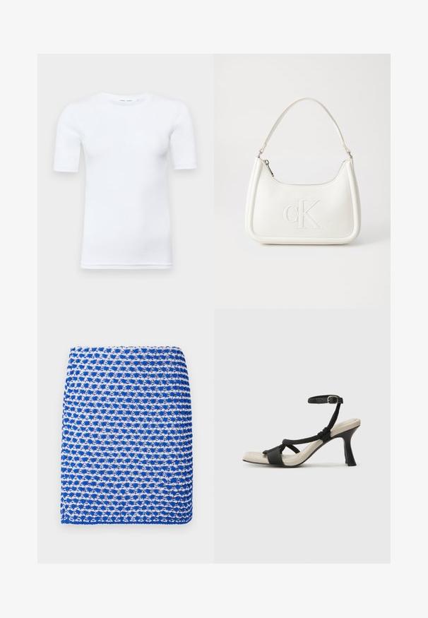 Witte korte mouw t-shirt gemaakt van katoen. Heeft een ronde halslijn en een gladde textuur, met minimale stiksels zichtbaar aan de zoom.; Blauwe en witte gebreide sjaal met een patroon, voorzien van een gestructureerde weving en rechthoekige vorm, gemaakt van een lichtgewicht stof.; Zwarte hoge hak sandaal met een gevlochten bandontwerp, vierkante teen en verstelbare enkelband. Lichtbeige voetbed met een glanzende zwarte hak.; Witte lederen handtas met een gebogen vorm, voorzien van een reliëf "CK" logo aan de voorkant en een enkele schouderriem. Ritsluiting aan de bovenkant.