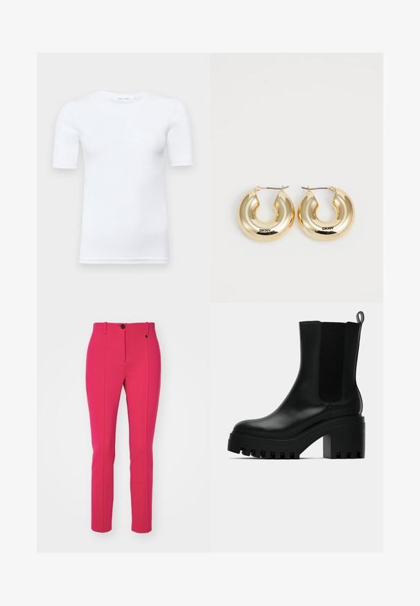 Camiseta blanca de manga corta hecha de algodón. Presenta un cuello redondo y una textura suave, con unas costuras mínimas visibles en el dobladillo.; Pantalones rosas ajustados hechos de un material suave, con un pliegue central, cierre de botón y trabillas para cinturón.; Botín de cuero negro hasta el tobillo con puntera redonda, suela de plataforma gruesa y acentos de malla en los laterales. Cuenta con una lengüeta para facilitar el calzado.; Pendientes de aro de oro con un diseño liso y redondeado y un acabado brillante, que cuentan con un cierre para asegurar. Grabados con "DKNY".
