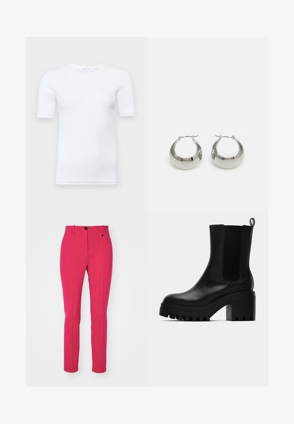 Bela kratka majica s kratkimi rokavi iz bombaža. Ima okroglo izrez in gladko teksturo, z minimalno vidnim šivom na robu.; Prileglo roza hlače iz gladkega materiala, ki imajo osrednji pregib, gumbasto zapiranje in zanke za pas.; Črne usnjene gležnjarje s okroglo konico, debelim podplatom in stranskimi mrežastimi detajli. Imajo zanko za enostavno obuvanje.; Srebrni metalni uhani v obliki obroča z gladko, sijočo površino in strukturirano, zaobljeno obliko. Imajo zložen sponko za varen nos.