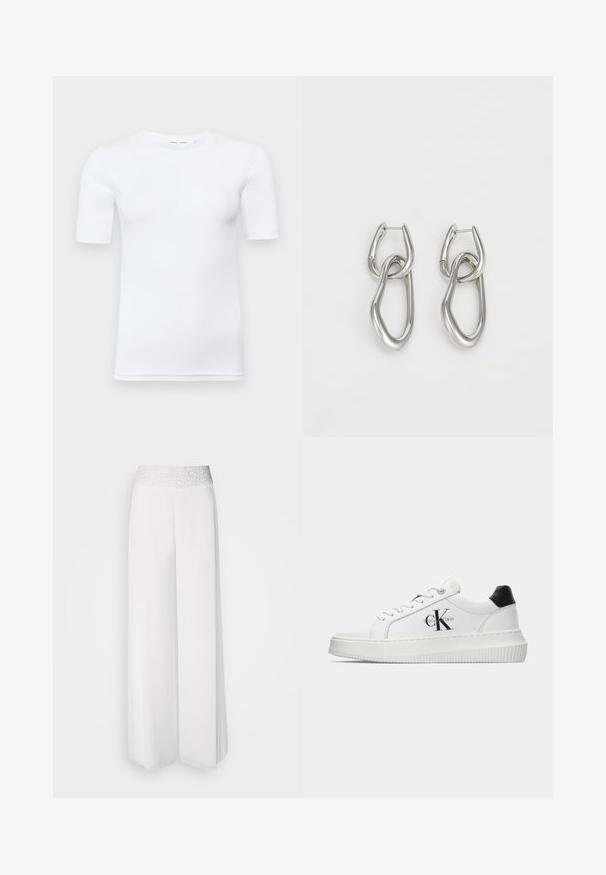 Biely krátky rukávový tričko vyrobené z bavlny. Má okrúhly výstrih a hladkú textúru, s minimálnym švom viditeľným na leme.; Biele nohavice s širokými nohavicami a textúrovaným strieborným pásom, s hladkou tkaninou a ležérnym dizajnom. Vhodné na rôzne príležitosti.; Biele nízke tenisky s čiernym pätkovým dielom, platformovou podrážkou, šnúrkami a logom "CK" značky Calvin Klein na boku.; Calvin Klein STATEMENT LINKS - Náušnice - silver-coloured