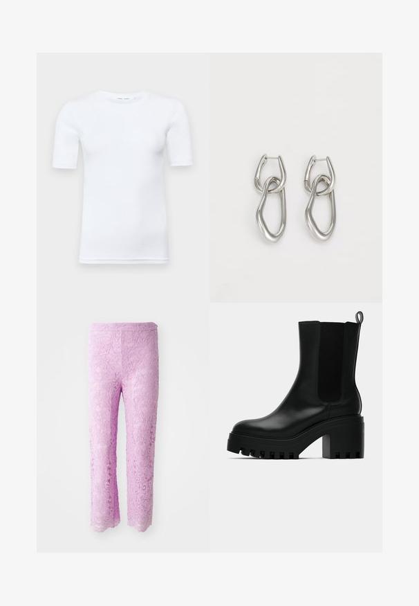 Witte korte mouw t-shirt gemaakt van katoen. Heeft een ronde halslijn en een gladde textuur, met minimale stiksels zichtbaar aan de zoom.; Roze kanten broek met een geschulpte zoom, voorzien van intrigerende bloemmotieven. De stof lijkt lichtgewicht en textuur te hebben, ontworpen voor een aansluitende silhouet.; Zwarte lederen enkelboot met ronde neus, chunky plateauzool en mesh zijaccenten. Voorzien van een trekband voor gemakkelijk aan- en uittrekken.; Calvin Klein STATEMENT LINKS - Oorbellen - silver-coloured