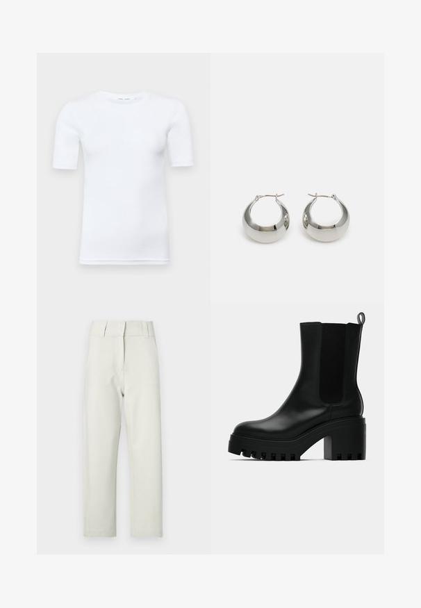 White short-sleeve t-shirt made of cotton. Features a round neckline and a smooth texture, with minimal stitching visible at the hem.; Light beige straight-leg trousers with a smooth texture, featuring a flat waistband, belt loops, and two front pockets.; Black leather ankle boot with round toe, chunky platform sole, and mesh side accents. Features a pull tab for easy wear.; Silver metal hoop earrings with a smooth, shiny surface and a structured, rounded design. Features a hinged clasp for secure wear.
