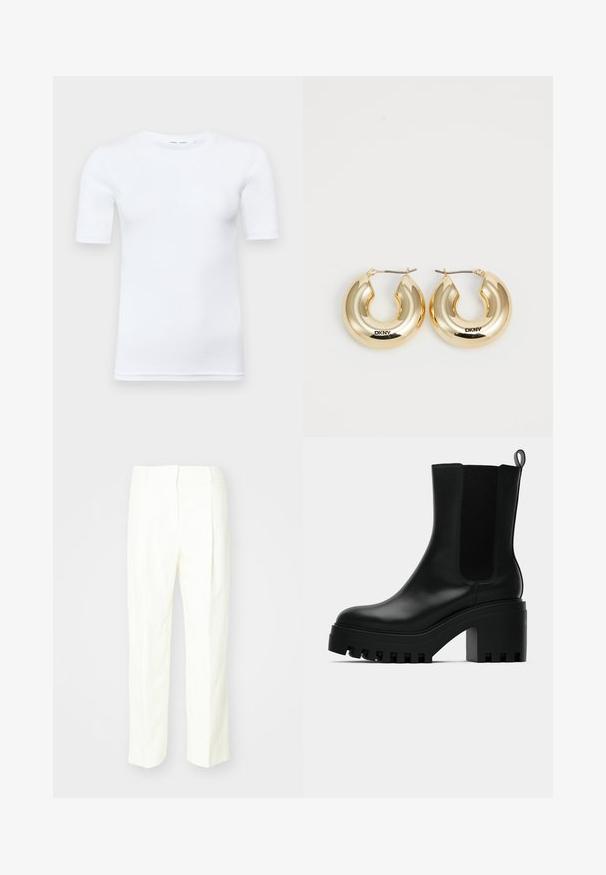 Balta trumpa rankovėmis marškinėliai pagaminti iš medvilnės. Yra su apvalia iškirpte ir sklandžiu paviršiumi, minimaliai matomi siūlai apvade.; Balti pritaikyti kelnių, su tiesiu sijonu, tekstūruotu audiniu, priekinėmis klostėmis ir plokščiu juosmeniu su diržo kilpomis.; Juodi odiniai kulkšniniai batai su apvaliu nosiu, masyviu platformos padu ir tinklelio šoninėmis detalėmis. Yra traukimo kilpa, skirta patogiam užsidėjimui.; Auksinės auskarų lankeliai su lygiu, suapvalintu dizainu ir blizgiu paviršiumi, turintys užsegimą. Išgraviruota "DKNY."