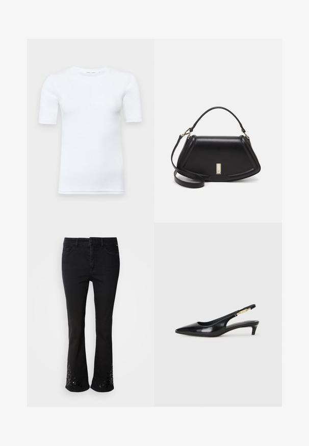 Valkoinen lyhythihainen t-paita, joka on valmistettu puuvillasta. Siinä on pyöreä kaula-aukko ja sileä pinta, jossa on vain vähän näkyvää ommelta helmassa.; Mustat denim-mittapöksyt, joissa on koristeelliset paljetti-kuviot helmoissa, viidellä taskulla, vyölenkeillä ja etupainiketulppa.; Mustat nahkaiset slingback-korkokengät, joissa on terävä kärki, ohuet korot ja kultasävytteinen yksityiskohta säädettävässä hihnassa. Silkkinen pinta.; Mustalla nahkalaukulla, jossa on jämäkkä muotoilu, lyhyt malli, yläkahva ja kultaiset yksityiskohdat. Säädettävä olkahihna sisältyy.