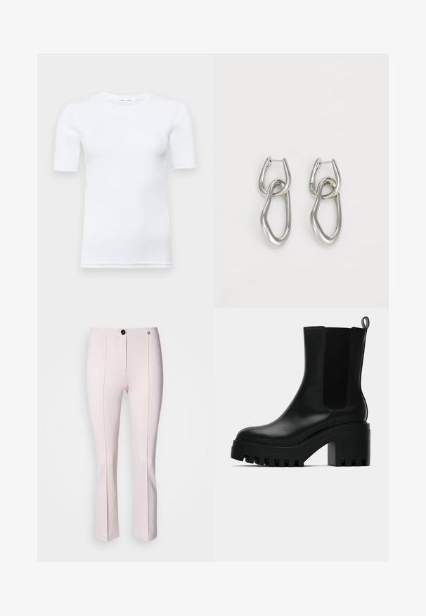 T-shirt bianco a maniche corte realizzato in cotone. Presenta un colletto rotondo e una texture liscia, con cuciture minime visibili all'orlo.; Pantaloni rosa su misura con una leggera svasatura, dotati di chiusura frontale con bottone, due cuciture verticali e texture liscia.; Stivaletto in pelle nera con punta rotonda, suola a piattaforma spessa e dettagli in rete sui lati. Presenta un manico per indossarlo facilmente.; Calvin Klein STATEMENT LINKS - Orecchini - silver-coloured