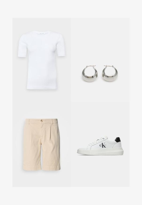 Weißes T-Shirt mit kurzen Ärmeln aus Baumwolle. Verfügt über einen runden Halsausschnitt und eine glatte Textur, mit minimal sichtbaren Nähten am Saum.; Beige Baumwollshorts mit geradem Schnitt, ausgestattet mit einem umgeschlagenen Saum und einem einzelnen Knopfverschluss. Entworfen mit vorderen Falten und seitlichen Taschen.; Weiße Low-Top-Sneaker mit schwarzem Fersenpatch, Plateau-Sohle, Schnürsenkeln und Calvin Klein "CK"-Logo an der Seite.; Silberne Metall-Hoops mit einer glatten, glänzenden Oberfläche und einem strukturierten, runden Design. Verfügt über einen Scharnierverschluss für einen sicheren Sitz.