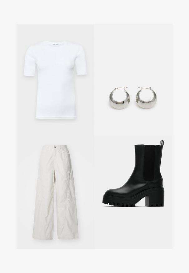 Bela kratka majica s kratkimi rokavi iz bombaža. Ima okroglo izrez in gladko teksturo, z minimalno vidnim šivom na robu.; Hlače s širokimi nogavicami iz lahkega bež materiala. Imajo stranske žepke in gumbasto zapiranje v pasu.; Črne usnjene gležnjarje s okroglo konico, debelim podplatom in stranskimi mrežastimi detajli. Imajo zanko za enostavno obuvanje.; Srebrni metalni uhani v obliki obroča z gladko, sijočo površino in strukturirano, zaobljeno obliko. Imajo zložen sponko za varen nos.
