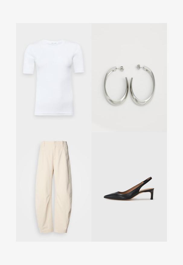 Valge lühikeste varrukatega T-särk, mis on valmistatud puuvillast. Omab ümmargust kaelust ja sileda tekstuuri, vähese nähtava õmblusega ääres.; Kreemi värvi püksid, mis on valmistatud tekstureeritud materjalist, kõrge vöökoha, sirgete jalgade ja külgtaskutega.; Must musta slingback tüüpi kingad terava nina, madala kontsaga ja sileda pinnaga. Sisaldab õhukest reguleeritavat rihma turvaliseks istumiseks.; Hõbe rõngas kõrvarõngad, millel on sujuv ja kõver kuju. Omab läikivat metallist viimistlust ja nupuga sulgemist. Pole nähtavaid mustreid ega aksessuaare.