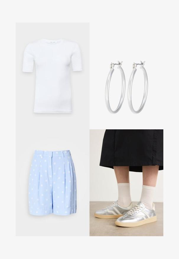 Weißes T-Shirt mit kurzen Ärmeln aus Baumwolle. Verfügt über einen runden Halsausschnitt und eine glatte Textur, mit minimal sichtbaren Nähten am Saum.; Helle blaue Shorts aus glattem Stoff, mit weißen Pünktchen, vorderen Falten und umgeschlagenen Säumen. Maßgeschneiderter Bund mit Gürtelschlaufen.; Silberne synthetische Turnschuhe mit weißen Streifen, cremefarbener Sohle und strukturiertem Material; kombiniert mit hellen gerippten Socken und einem schwarzen Rock.; Silberne Creolen mit einer glatten, polierten Oberfläche. Runder Form und sicherem Klickverschluss. Leichtes Design, geeignet für den täglichen Gebrauch.