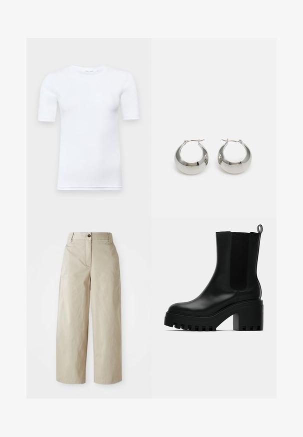 Hvid kortærmet t-shirt lavet af bomuld. Har en rund halsudskæring og en glat overflade, med minimal syning synlig ved kanten.; Beige høj talje vide bukser med knap- og lynlås lukning, bæltestropper og sidelommer, præsenteret på en hvid baggrund.; Sort læder ankelstøvle med rund tå, kraftig platformssål og mesh-sidede accenter. Har en trækflig for nem påtagning.; Sølvfarvede metalørehængere med en glat, skinnende overflade og et struktureret, afrundet design. Udstyret med en hængslet lås for sikker bæring.