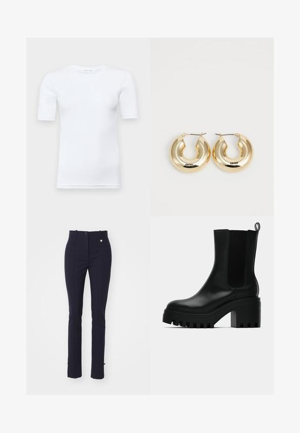 Weißes T-Shirt mit kurzen Ärmeln aus Baumwolle. Verfügt über einen runden Halsausschnitt und eine glatte Textur, mit minimal sichtbaren Nähten am Saum.; Marineblaue, taillierte Hosen mit hoher Taille, frontalen Falten, seitlichen Taschen und kleinen Schlitzen am Saum. Glatte Stofftextur.; Schwarze Leder-Stiefelette mit runder Zehenform, chunky Plateausohle und Netzseiteneinsätzen. Verfügt über eine Zuglasche für einfaches An- und Ausziehen.; Goldene Creolen mit einem glatten, abgerundeten Design und einer glänzenden Oberfläche, ausgestattet mit einem Verschluss zur Sicherung. Mit "DKNY" graviert.