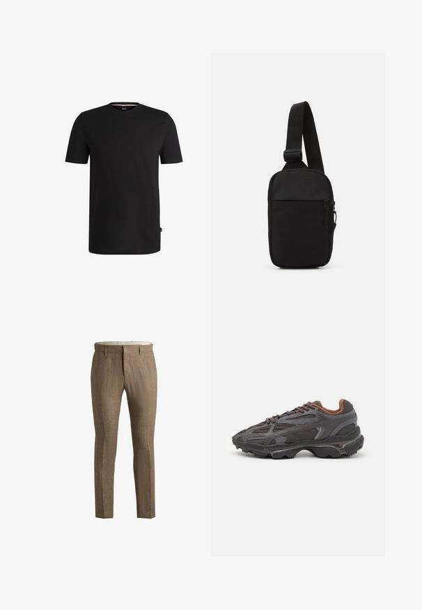 Černé tričko s krátkým rukávem vyrobené z hladké bavlny s kulatým výstřihem. Obsahuje subtílní značkovou etiketu na levé straně blízko lemu.; Hnědé lněné kalhoty s texturovaným povrchem. Mají klasický střih, boční kapsy a diskrétní detail předního zapínání.; Sněrovací boty Lacoste v tmavě šedé barvě s síťovinou a syntetickým materiálem, prezentující texturovanou podrážku a hnědé detaily na límci a logu.; Černá crossbody taška vyrobená z odolné tkaniny, s jedním nastavitelným popruhem, zapínacím hlavním oddělením a přední kapsou.