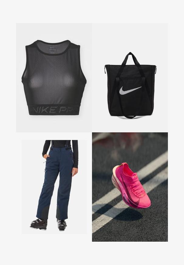 Zwarte Nike Pro sportbeha met een meshontwerp, ronde halslijn en brede band met opdruk "NIKE PRO" aan de onderkant.; Persoon in marineblauwe skibroek met bretels, zwarte skischoenen en een zwart shirt met lange mouwen, staand met één hand in de zak.; Sport sneaker in felroze gebreid materiaal met een gestructureerd oppervlak, mesh bovenwerk en een witte tussenzool. Bevat een swoosh-logo in donkerroze.; Zwarte nylon tas met twee stevige handvatten en ritsluiting. Bevat een opvallend wit Nike swoosh-logo in een horizontaal gestreept design.