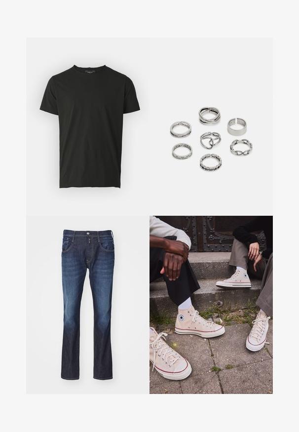 Svart bomulls t-skjorte med korte ermer og rund hals. Glatt tekstur, minimalistisk design, og et merke på baksiden av halsen.; Mørkeblå denimbukser med en gradientfade fra mørk til lys, fem-lommers design, rett benklipp og synlige sømdetaljer.; Beige høye duk-sneakers med rød stripe, hvit gummiksole og metalløyer, med ikonisk stjerne logo på siden.; Sett med sju sølvringer med forskjellige design, inkludert vridde, sammenkoblede og gravyrmønstre. Ulike former og bredder.