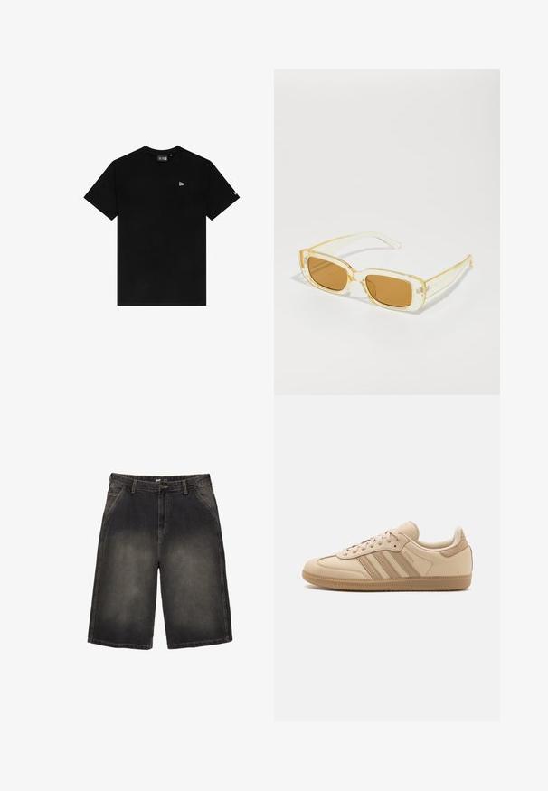 Sort bomulds t-shirt med rund hals, korte ærmer, udstyret med et lille hvidt logo på venstre bryst og uden yderligere mønstre eller accenter.; Denimshorts i en mørkegrå vask med fem lommer, bæltestropper og kontraststing. Stoffet viser subtil falming.; Beige lædersneakers med tre vandrette striber, rund tå, flad brun gummisål og blødt stoffor på kraven og tungen.; Rektangulære solbriller med gennemsigtige gule rammer og brune linser. Bøjlerne har subtil branding og en glat, blank overflade.