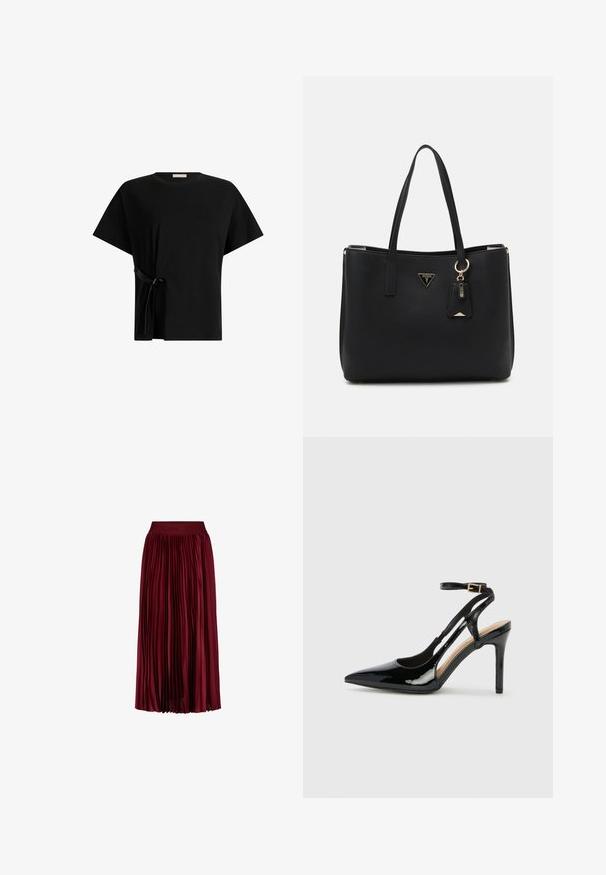 Black cotton t-shirt with short sleeves, featuring a side tie detail. Simple, loose-fitting design with a crew neckline.; Burgundy pleated midi skirt with elastic waistband featuring subtle embossed brand name.; Black patent leather high-heeled slingback shoe with pointed toe, adjustable ankle strap, and open sides. Smooth texture.; Black tote bag made of textured synthetic material, featuring two handles, a gold logo plaque, and a small tag with an accent detail.