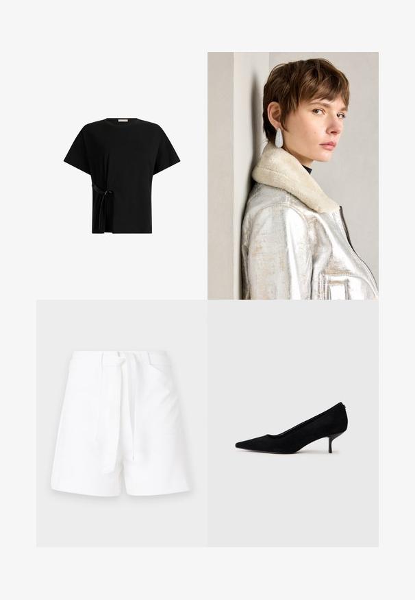 Mustat puuvillapaidat, joissa on lyhyet hihat ja sivusolmu-yksityiskohta. Yksinkertainen, löysä malli ja pyöreä pääntie.; Valkoiset shortsit, joissa on solmittava vyötärö, kahdella sivutaskulla ja sileällä, teksturoidulla kankaalla. Klassinen leikkaus puhtailla linjoilla.; Musta mokkanahkainen korkokenkä, jossa on teräväkärkinen muotoilu ja ohut, matala korko. Pintakuvio on sileä ja yksinkertainen, eikä siinä ole näkyvää metalliosaa.; Hopealaisia metallisia nahkatakkeja, jossa on turkis kaulus, varustettuna vetoketjulla ja teksturoidulla pinnalla. Suuret pisaramuotoiset korvakorut, joissa on kirkkaat jalokivet.