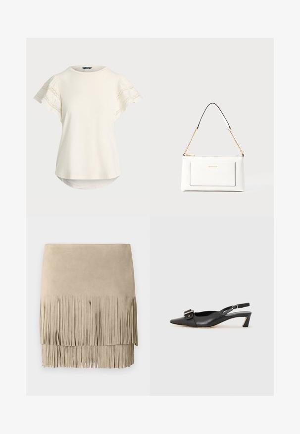 Lys creme kortærmet top med blonde detaljer på ærmerne, rund halsudskæring og en let buet kant for en afslappet pasform. Blød stoftekstur.; Beige ruskinds mini skirt med frynser i bunden. Glat tekstur med ensartede frynselængder langs bunden. Klassisk design.; Sorte læder slingback sko med spidse tæer, lille hæl og dekorativ spænde detalje på overdelen. Glat tekstur, minimalistisk design.; Hvid lædertaske med tekstureret overflade, med en guldkædetras og sorte detaljer. Indeholder en frontlomme og lynlås lukning.