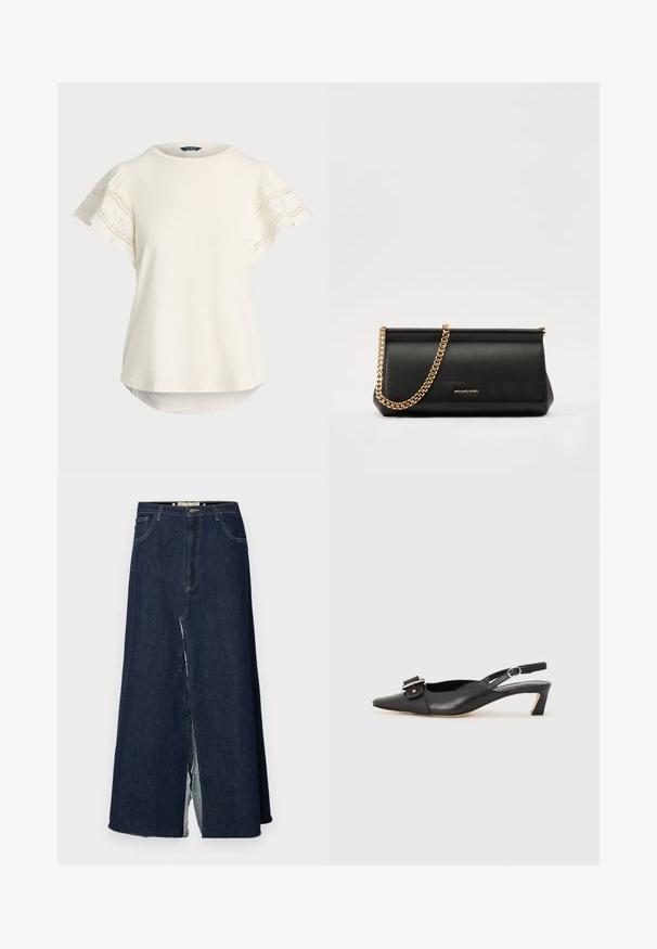 Šviesiai kreminė trumpomis rankovėmis palaidinė su nėriniu rankovėse, apvaliu iškirpimu ir šiek tiek lenktu apdailu, kad būtų užtikrintas laisvas prigludimas. Minkšta audinio tekstūra.; Tamsiai mėlyna džinsinė ilga sijonas su priekinėmis įpjovomis. Turtingas tradiciniu penkių kišenių dizainu ir matomais siuvinėjimo akcentais. Apačia yra nusidėvėjusi.; Juodas odinis slingback batelis su smailiu nosiu, maža pakulne ir dekoratyvine sagtimi viršuje. Lygus paviršius, minimalistas dizainas.; Juodas odinis delninukas su auksine grandine, turintis lygų paviršių, stačiakampį išmatavimą ir įspaustą prekės ženklą priekyje.