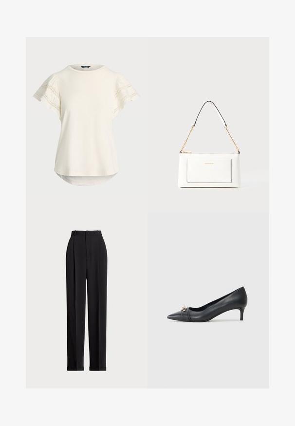 Heled kreemjas lühikeste käistega topp, millel on pitsdetailid varrukatel, ümmargune kaelus ja veidi kaardus hem, mis tagab mugava istuvuse. Pehme kanga tekstuur.; Mustad kohandatud püksid kõrge vöökohtaga, ees plisseeritud, sirge sääre disainiga ja mansetiga hem. Valmistatud sileda kangaga.; Kitsas otse musta nahast pump madala kontsaga, millel on tekstuuriga rihm ja metallist aksent ees. Sile pind ja stiilne disain.; Valge nahast kott tekstureeritud viimistlusega, millel on kuldne kettling ja mustad aktsendid. Include eesmine tasku ja tõmblukk.
