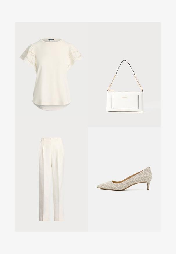 Lys creme kortærmet top med blonde detaljer på ærmerne, rund halsudskæring og en let buet kant for en afslappet pasform. Blød stoftekstur.; Polo Ralph Lauren HEMP WIDE LEG PANT - Bukser - nevis; Spids tå pumpe i beige stof med et geometrisk mønster, der har en lav hæl og en slank silhuet. Glat tekstur og minimale accenter.; Hvid lædertaske med tekstureret overflade, med en guldkædetras og sorte detaljer. Indeholder en frontlomme og lynlås lukning.