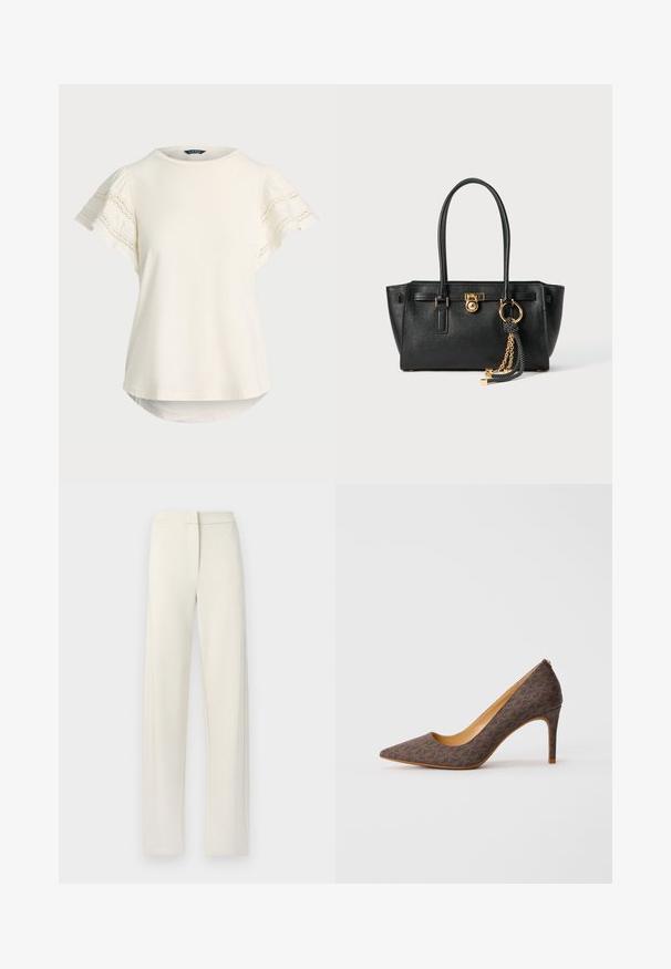 Haut à manches courtes en crème clair avec des détails en dentelle sur les manches, un col rond et un ourlet légèrement arrondi pour une coupe décontractée. Texture de tissu douce.; Pantalons larges de couleur crème en tissu doux, avec une taille plate, des poches latérales et des coutures décoratives le long des seams.; Escarpin à talon haut marron à motif, avec un bout pointu et un talon aiguille fin, sur fond blanc.; Sac à main en cuir noir avec double anses, serrure dorée et détails en chaîne, et accessoire à pompon noir et blanc sur fond blanc.