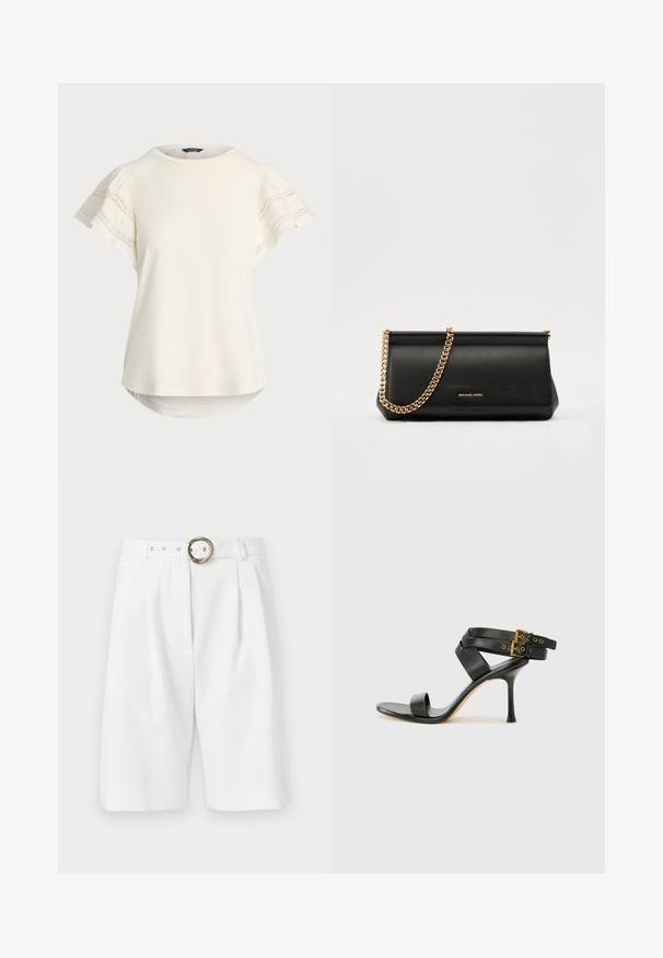 Light cream short-sleeve top with lace detail on sleeves, round neckline, and a slightly curved hem for a relaxed fit. Soft fabric texture.; White tailored shorts with a wide fit, featuring a rope-patterned metal belt buckle, pleats, and a clean design. Smooth texture.; Black heeled sandal with crossed straps and adjustable buckle. Features a smooth texture and tapered stiletto heel.; Black leather clutch bag with a gold chain strap, featuring a smooth texture, rectangular shape, and embossed branding on the front.