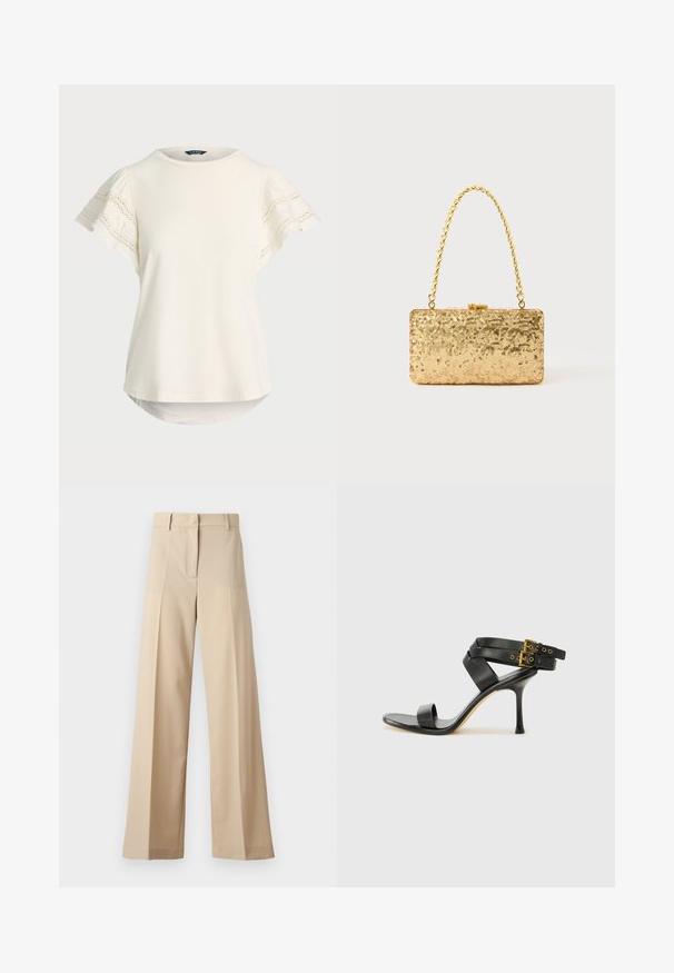 Lys kremfarget kortermet topp med blonderdetaljer på ermene, rund hals og en svakt buet søm for en avslappet passform. Myk stofftekstur.; Beige vide bukser laget av glat stoff, med flat front og folder, glidelås og beltehemper. Skreddersydd passform generelt.; Svarte hælsandaler med kryssende stropper og justerbar spenne. Har en jevn tekstur og avsmalnende stilettoklakk.; Gullfarget paljetter clutch med rektangulær form, utstyrt med en tvunnet kjedehåndtak og en metallspenne, som reflekterer lys med en teksturert overflate.