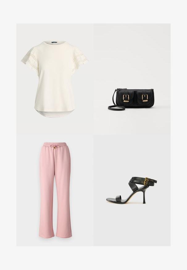 Jasno-kremowa bluzka z krótkim rękawem z koronkowym wykończeniem rękawów, okrągłym dekoltem i lekko zaokrąglonym dnem, zapewniająca luźny krój. Miękka tekstura materiału.; Różowe dresy wykonane z miękkiego materiału, z elastycznym pasem w talii i sznurkiem do regulacji oraz rozszerzanym krojem nogawki.; Czarne sandały na obcasie z krzyżującymi się paskami i regulowanym zapięciem. Charakteryzują się gładką teksturą i zwężanym obcasem w kształcie szpilki.; Czarna skórzana torba na ramię z dwoma przednimi kieszeniami, złotymi klamrami, zamkiem błyskawicznym i cienkim paskiem. Teksturowana powierzchnia i kompaktowy prostokątny kształt.