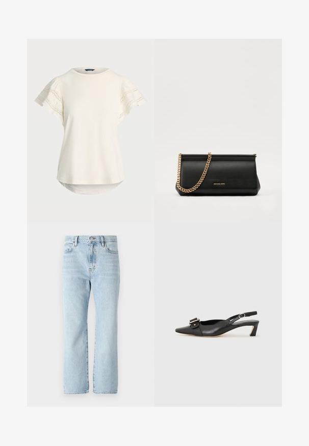 Lys kremfarget kortermet topp med blonderdetaljer på ermene, rund hals og en svakt buet søm for en avslappet passform. Myk stofftekstur.; Lys blå denimjeans med rett ben-design, middels høy midje, frontlommer og frayed kantdetaljer. Klassisk fem-lomme stil.; Svarte skinn slingback-sko med spiss tå, liten hæl og dekorativ spenne-detalj på overdelen. Glatt tekstur, minimalistisk design.; Svart skinnkuvertveske med en gullkjede-rem, med en glatt tekstur, rektangulær form og preget merkevare på forsiden.