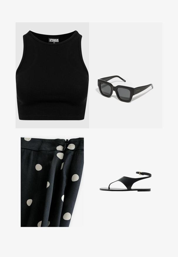 Mustan ribbattuidun lyhyen toppi, jossa on pyöreä kaula-aukko ja hihaton muotoilu. Valmistettu joustavasta, teksturoidusta kankaasta. Tunnuksessa lukee "Urban Classics."; Musta kangas suurte kreemjate täppidega; sile tekstuur, voolav disain ja lukuga sulgemine peal.; Mustat litteät sandaalit, joissa on minimaalinen muotoilu, yhdellä hihnalla ja nilkkasoljella. Valmistettu sileästä materiaalista, jossa on litteä pohja.; Musta neliön muotoiset aurinkolasit tummilla linsseillä, paksusta muovista valmistettu runko ja tyylikkäät templet. Sivussa on hienostunut brändäys.