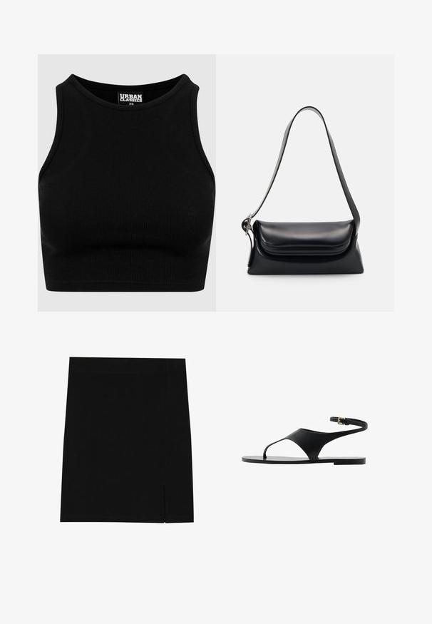 Czarny prążkowany krótki top o okrągłym dekolcie i bezrękawowym fasonie. Wykonany z elastycznej, teksturowanej tkaniny. Metka z napisem "Urban Classics."; Czarna mini spódnica z miękkiego materiału, o dopasowanym kroju, z delikatnym rozcięciem po boku dla dodatkowego akcentu.; Czarne płaskie sandały o minimalistycznym designie, z pojedynczym paskiem i zapięciem na kostce. Wykonane z gładkiego materiału, z płaską podeszwą.; Czarna skórzana torebka o zorganizowanym kształcie, gładkiej fakturze i pojedynczym pasku na ramię. Posiada subtelną, zaokrągloną klapkę.