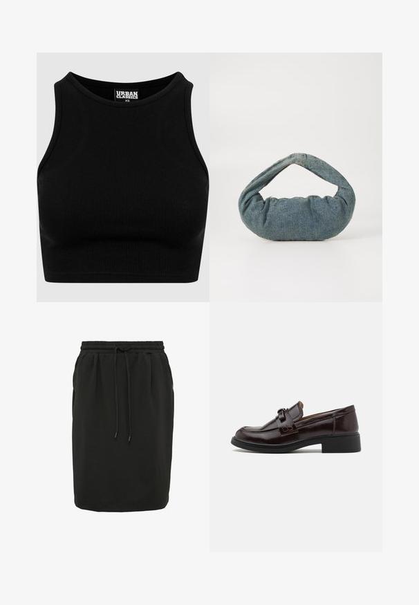 Schwarzes geripptes Cropped-Top mit rundem Ausschnitt und ärmellosem Design. Hergestellt aus einem dehnbaren, strukturierten Stoff. Etikett mit der Aufschrift "Urban Classics."; Schwarzer Rock aus weichem Stoff, ausgestattet mit einem elastischen Bund und einer Zugkordel sowie Seitentaschen. Gerader Schnitt und schlichtes Design.; Braune Leder-Lederschuhe mit glatter Textur, versehen mit einem dekorativen Riemen und einer Schnalle, niedrigem schwarzen Absatz und abgerundetem Zehendesign.; Blaues Denim-Tasche mit einer gepolsterten, runden Form und einem gebogenen Griff. Die Textur ist weich, mit sichtbaren Nähten und einer glatten Oberfläche.