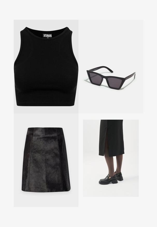 Juodas gumbuotis supjaustytas viršus su apvaliu iškirpimu ir be rankovių dizainu. Pagamintas iš tamprios, tekstūruotos medžiagos. Etikėtė sako "Urban Classics".; Juoda odinė mini sijonas su lygiu, tekstūruotu paviršiumi. Turi prigludusį liemenį ir švarias linijas, pabrėžiančias elegantišką dizainą.; Juodos odinės bateliai su apvaliu nosiu, stora blokine pakulne ir elastingais šonais, derinami su tamsiomis pėdkelnėmis ir juoda sijonu su plyšiu.; Juodos, kampuotos saulės akinios su pilkais stiklais; pagaminti iš plastiko, su storomis šakėmis, turinčiomis lygų paviršių ir be matomų detalių.; Sidabrinės pusmėnulio auskarai minimalistiniu dizainu. Apskritimo forma, lygus paviršius ir plonas profilis. Lengvi su poliruotu apdailu.