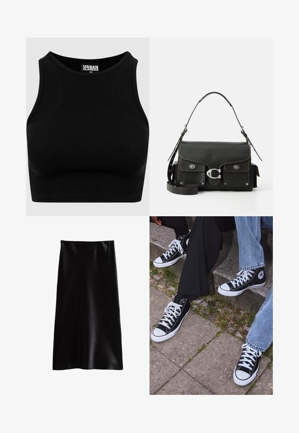 Top court côtelé noir avec un col rond et sans manches. Fabriqué en tissu extensible et texturé. Étiquette mentionne "Urban Classics."; Jupe maxi en satin noir avec une texture lisse, une coupe droite et une taille élastique. Pas de motifs ou d'embellissements visibles.; Baskets montantes en toile noires avec semelles et lacets en caoutchouc blancs, arborant un logo circulaire sur le côté et associées à un jean et un pantalon noir.; Sac à main en cuir noir avec une fermeture rabat, quincaillerie en argent, deux poches avant, surpiqûres contrastantes et une bandoulière amovible.; Montre à quartz Casio argentée avec un cadran rectangulaire, affichages analogiques et numériques, bracelet en acier inoxydable et caractéristiques de résistance à l'eau.