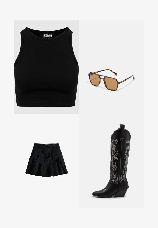 Zwarte geribbelde cropped top met een ronde hals en mouwloos ontwerp. Gemaakt van een rekbare, textuurrijke stof. Label zegt "Urban Classics."; Zwarte plooienrok met een bloemenpatroon, gemaakt van een gestructureerde stof. Voorzien van een tailleband en een verborgen ritsluiting.; Zwarte leren cowboylaarzen met spitse neuzen, wiggenhakken en zilver geborduurde bloemmotieven langs de schacht. Contrasterende stiksels overal.; Bruine zonnebril met een schildpadframe, rechthoekige lenzen en slanke armen met een oranje accentpatroon.