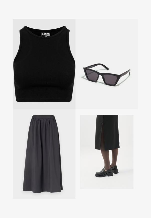 Black ribbed cropped top with a round neckline and sleeveless design. Made from a stretchy, textured fabric. Label reads "Urban Classics."; Black cotton skirt with an elasticated waistband, A-line shape, and smooth texture, reaching mid-calf length with no visible patterns or hardware.; Black leather shoes with a rounded toe, thick block heel, and elastic side accents, paired with dark tights and a black skirt with a slit.; Black, angular sunglasses with gray lenses; made of plastic, featuring thick arms with a smooth surface and no visible hardware.; Silver hoop earrings with a minimalist design. Circular shape, smooth texture, and thin profile. Lightweight with a polished finish.