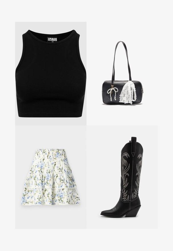 Top cropt de culoare neagră, cu textură rib-altă, guler rotund și fără mâneci. Fabricat dintr-un material elastic, texturat. Eticheta indică "Urban Classics."; Fustă florală albă cu flori albastre și verzi, talie elastică, design în straturi și dantelă la margine. Material ușor.; Bocanci de cowboy din piele neagră, cu vârfuri ascuțite, toc wedge și modele florale brodate cu fir argintiu de-a lungul tijei. Cusături în contrast pe întreaga suprafață.; Even&Odd Geantă de mână - black