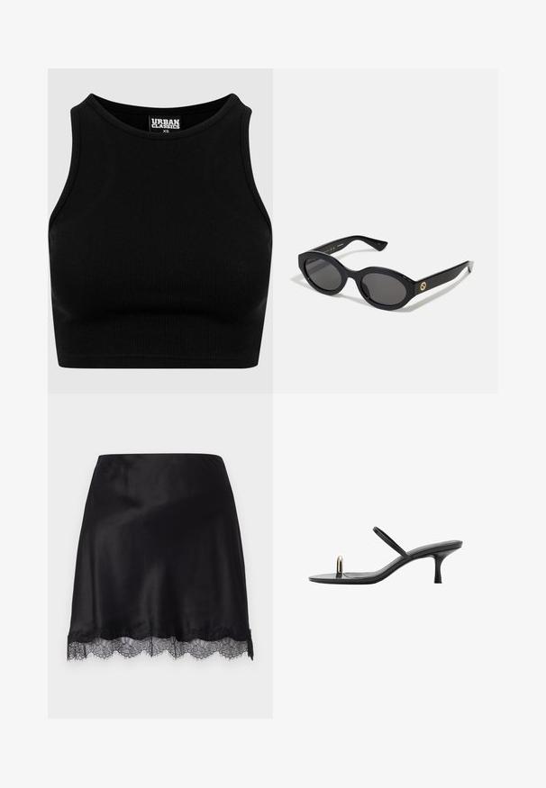Crni rebrasti skraćeni top s okruglim izrezom i bez rukava. Izrađen od rastezljivog, teksturiranog materijala. Oznaka glasi "Urban Classics".; FROM FUTURE SAMMY - Uska suknja - noir; Crne sandale s petom elegantnog dizajna, s tankim trakama i jedinstvenim prednjim naglaskom. Glatka tekstura, s uskim vrhom i petom visokom 3 inča.; Crne ovalne sunčane naočale s tamnim staklima i sjajnim plastičnim okvirom. Sadrže zlatni logotip na sljepoočnici, što pruža elegantan i moderni dizajn.; Crna tkaná torba s dvostrukim ručkama i odvojivim remenom za rame. Ima otvoreni vrh i teksturirani, lagani materijal.