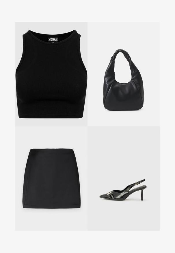 Svart ribbet, cropped topp med rund halslinning og uten ermer. Laget av et strekkbart, teksturert stoff. Merket sier "Urban Classics."; Svart miniskjorte, glatt tekstur, rett snitt, ingen synlige lukkinger eller dekorasjoner, uten fôr, minimalistisk design.; Sorte patentlær slingback-sko med spiss tå, ankelremmer med sølvspenner og detaljer, og en slank hæl.; Svart hobo-bag laget av glatt, læraktig materiale med et tvistet håndtak, som har en myk, avrundet form og en glidelås lukking på toppen.; Gullfargede øredobber med teksturerte, bølgete former. Inkluderer skulpturelle klipsstuds og åpen hoop-design med en hamret finish.