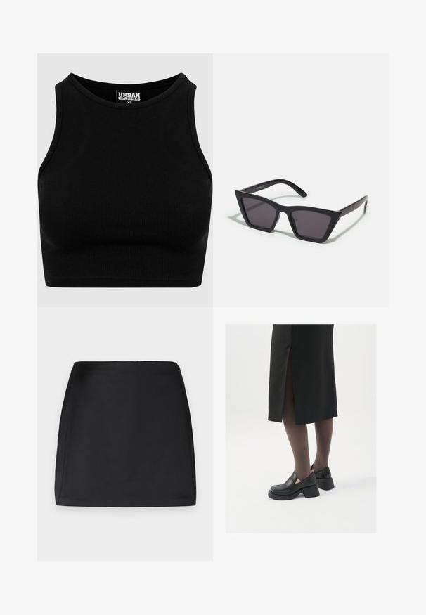 Must mustriba lõikega lühike must topp, ümmarguse kaelusega ja ilma varrukateta. Valmistatud venivast, tekstuuriga kangast. Etikett ütleb "Urban Classics."; Musträkk musta seelik, sile tekstuur, sirge lõige, nähtamatute kinnituste või kaunistusteta, vohivaba, minimalistlik disain.; Mustad mustad jalatsid ümmarguse varbaga, paksu plokkniidi ja elastsete külgdetailidega, kombineeritud tumedate sukkade ja musta lõhikuga seelikuga.; Mustad mustrakellad, millel on hallid šabloonid; valmistatud plastist, paksude ja siledate kätega, ilma nähtava riistvarata.