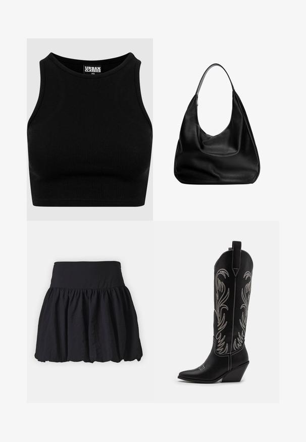 Fekete bordázott fazonú crop top, kerek nyakkivágással és ujjatlan kialakítással. Rugalmas, strukturált anyagból készült. A címke szerint "Urban Classics."; Fekete, térd fölé érő szoknya széles, rugalmas derékkal; összegyűrt kialakítással a volumenért és sima, könnyű textúrával rendelkezik.; Fekete bőr cowboy csizmák hegyes orral, wedge sarkakkal és ezüst hímzett virágmintákkal a szár mentén. Kontraszt varrás az egész csizmán.; Fekete bőr hobo táska laza fazonban, széles vállpánttal és sima felülettel. Oldalán egy zipzáras záródással rendelkezik.