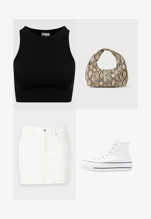 Top corto negro de canalé con escote redondo y diseño sin mangas. Confeccionado con una tela elástica y texturizada. La etiqueta dice "Urban Classics."; Falda de mezclilla blanca con un diseño ajustado, que cuenta con un cierre de botones en la parte delantera, dos bolsillos laterales y una longitud hasta mitad del muslo. Textura suave.; Zapatilla de lona alta blanca con suela de goma negra, puntera de goma frontal y seis ojetes para los cordones, que presenta un diseño limpio y minimalista.; Bolso de mano con estampado de serpiente y asa curvada. Hecho de materiales texturizados en tonos beige y marrón, con un patrónen diamante distintivo.