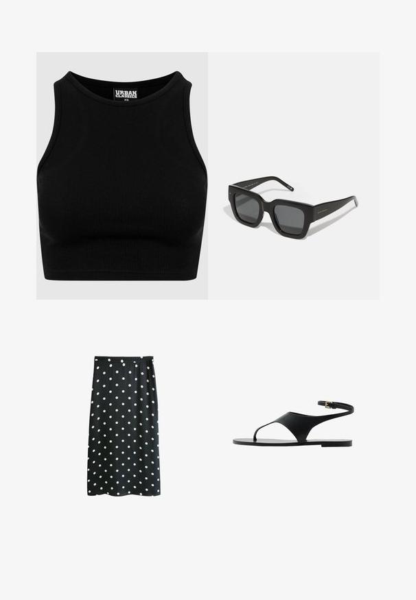 Top court côtelé noir avec un col rond et sans manches. Fabriqué en tissu extensible et texturé. Étiquette mentionne "Urban Classics."; Next PETITE FIT - Jupe longue - polka dot; Sandales plates noires au design minimaliste, dotées d'une seule sangle et d'une boucle de cheville. Fabriquées dans un matériau lisse, avec une semelle plate.; Lunettes de soleil noires en forme carrée avec des verres sombres, une monture en plastique épaisse et des tempes élégantes. Présente un marquage subtil sur le côté.