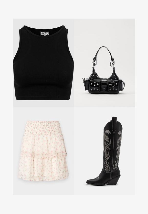 Crni rebrasti skraćeni top s okruglim izrezom i bez rukava. Izrađen od rastezljivog, teksturiranog materijala. Oznaka glasi "Urban Classics".; CVjetna slojevita suknja napravljena od laganog materijala. Ima gumirani pojas, ružičaste cvjetove i krem pozadinu s nježnom, prozirnom teksturom.; Crne kožne kauboj čizme s šiljastim prstima, klinastim potpeticama i srebrnim izvezenim cvjetnim uzorcima duž osovine. Kontrastni šavovi posvuda.; Crna kožna torba s zakrivljenim dizajnom, koja sadrži srebrne zakovice, kopču i dva bočna džepa. Podesiva traka za različite opcije nošenja.