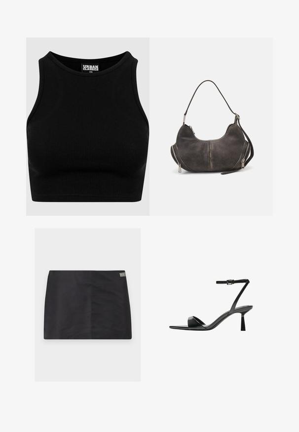 Mustan ribbattuidun lyhyen toppi, jossa on pyöreä kaula-aukko ja hihaton muotoilu. Valmistettu joustavasta, teksturoidusta kankaasta. Tunnuksessa lukee "Urban Classics."; Musta hame, jossa on sileä rakenne, suora leikkaus ja pieni logo-tagi sivussa. Yksinkertainen muotoilu ilman lisäkuvioita tai -yksityiskohtia.; Bershka Korolliset sandaalit - black; Hobo-laukku tummanharmaasta mokasta, jossa on kaareva muoto, yläkahva ja sivuvetoketjut metallivetimillä. Pehmeä pinta ja näkyvät ompeluyksityiskohdat.