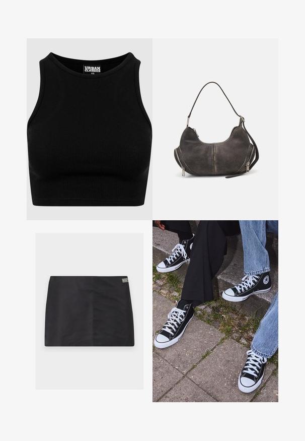 Svart ribbad croptop med rund halsringning och ärmlös design. Tillverkad av ett elastiskt, texturerat tyg. Märket heter "Urban Classics."; Svart kjol med en mjuk textur, rak skärning och en liten logotagg på sidan. Enkelt mönster utan ytterligare mönster eller detaljer.; Svarta högtopps kanvasskor med vita gummisulor och snören, med en cirkulär logotyp på sidan och kombinerade med jeans och svarta byxor.; Hobo-väska i mörkgrå mocka med rundad form, handtag upptill och sidoremsor med metalldragkedjor. Slät textur och synliga sömdetaljer.