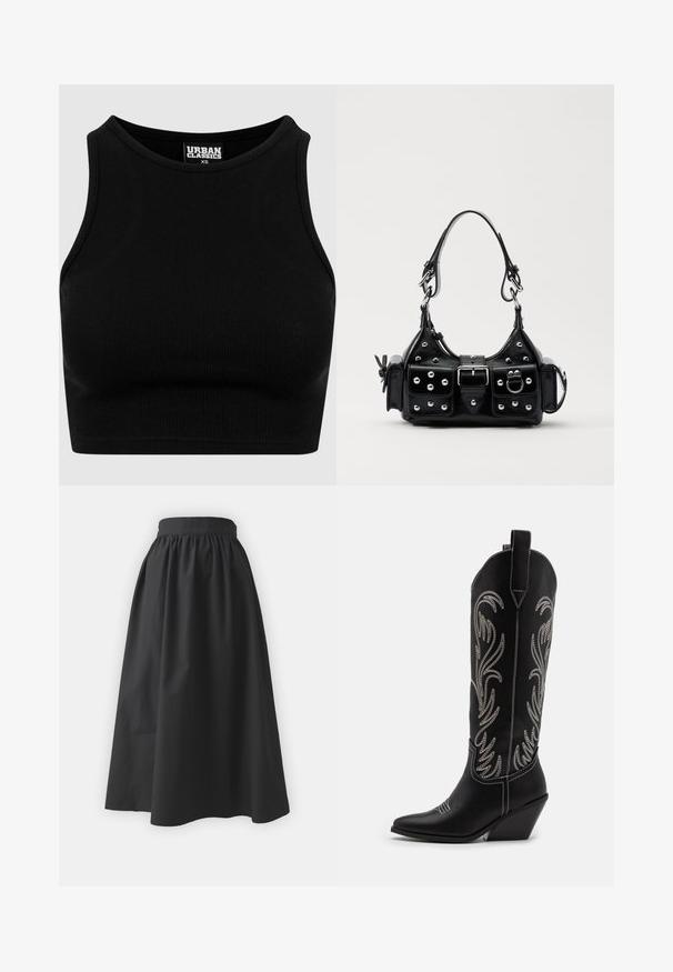 Fekete bordázott fazonú crop top, kerek nyakkivágással és ujjatlan kialakítással. Rugalmas, strukturált anyagból készült. A címke szerint "Urban Classics."; Fekete, boka hosszúságú szoknya sima anyagból. Rugalmas derékkal rendelkezik, és laza, redőzött sziluettje van, drapériás textúrával.; Fekete bőr cowboy csizmák hegyes orral, wedge sarkakkal és ezüst hímzett virágmintákkal a szár mentén. Kontraszt varrás az egész csizmán.; Fekete bőr kézitáska ívelt designnal, ezüst szegecsekkel, csattal és két oldalsó zsebbel. Állítható vállpánt a hordozási lehetőségekhez.